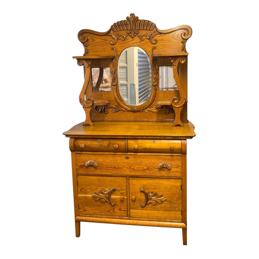 Victorian Golden Oak Sideboard with Oval Mirror & Carved Shell Crest c.1890s