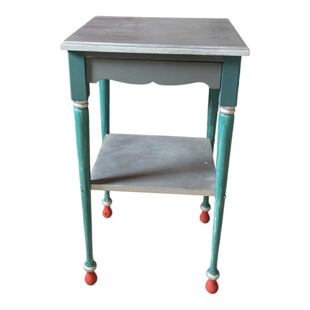 Hand-Painted Folk Art Side Table with Ball Feet, Teal & Coral Accents