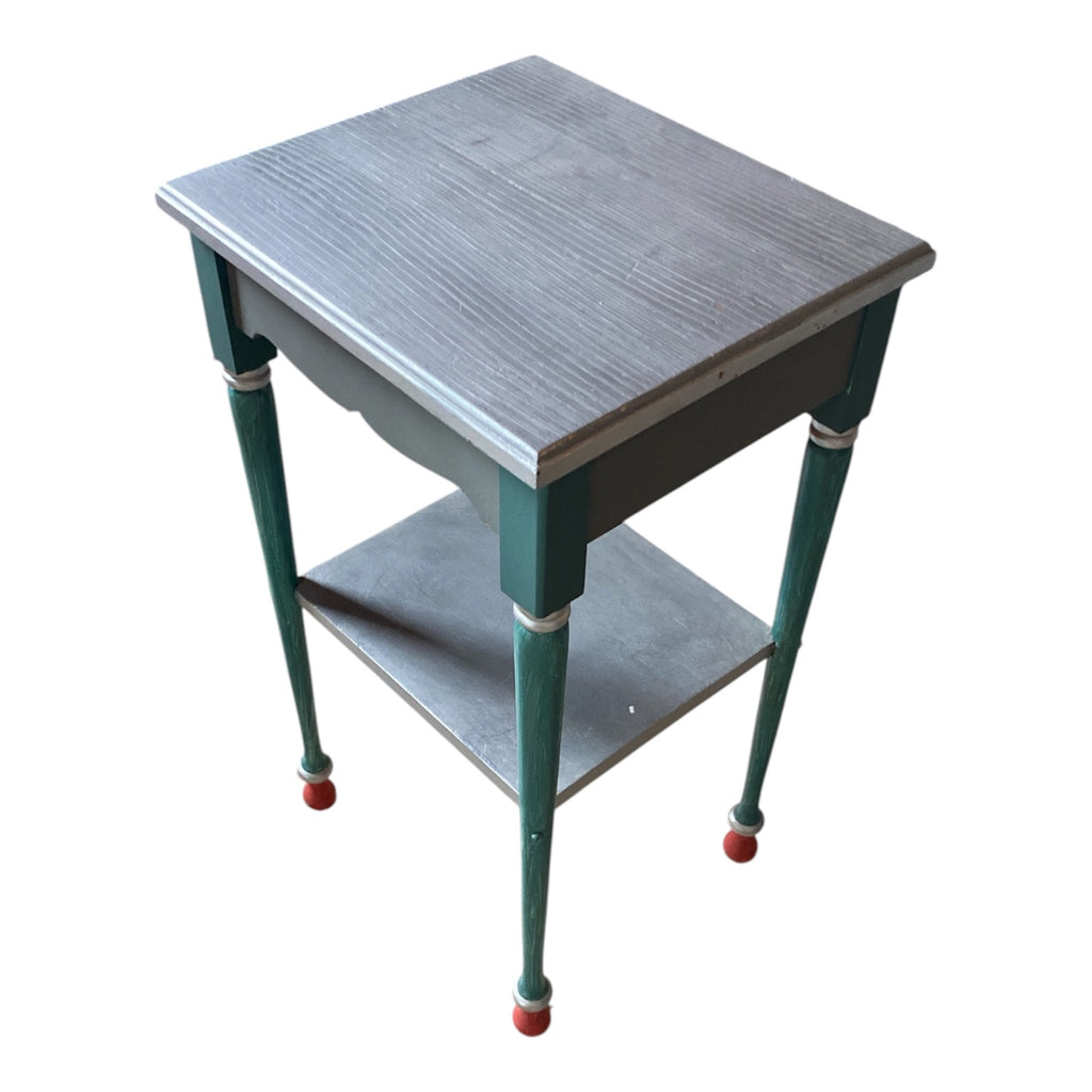 Hand-Painted Folk Art Side Table with Ball Feet, Teal & Coral Accents