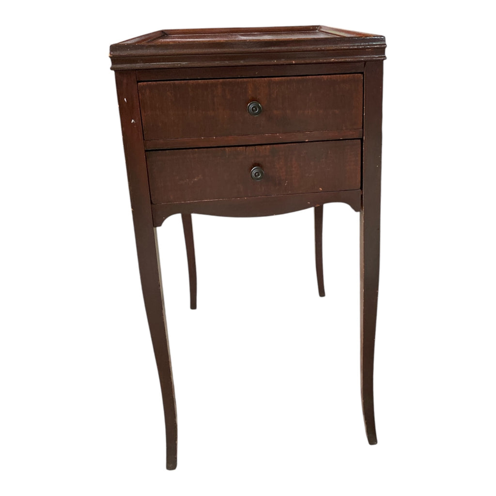 Vintage Mahogany Two-Drawer Nightstand with Galleried Top and Saber Legs