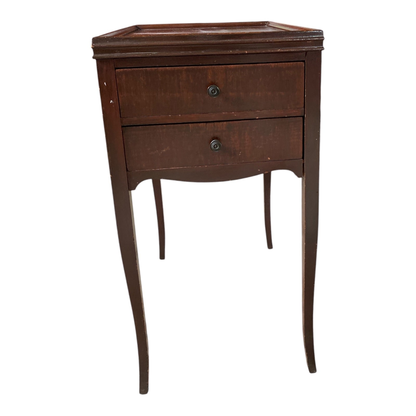 Vintage Mahogany Two-Drawer Nightstand with Galleried Top and Saber Legs