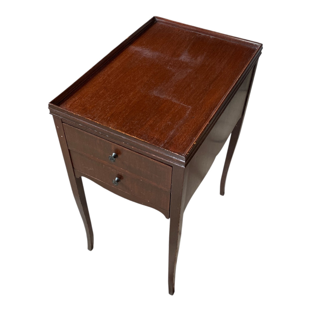 Vintage Mahogany Two-Drawer Nightstand with Galleried Top and Saber Legs