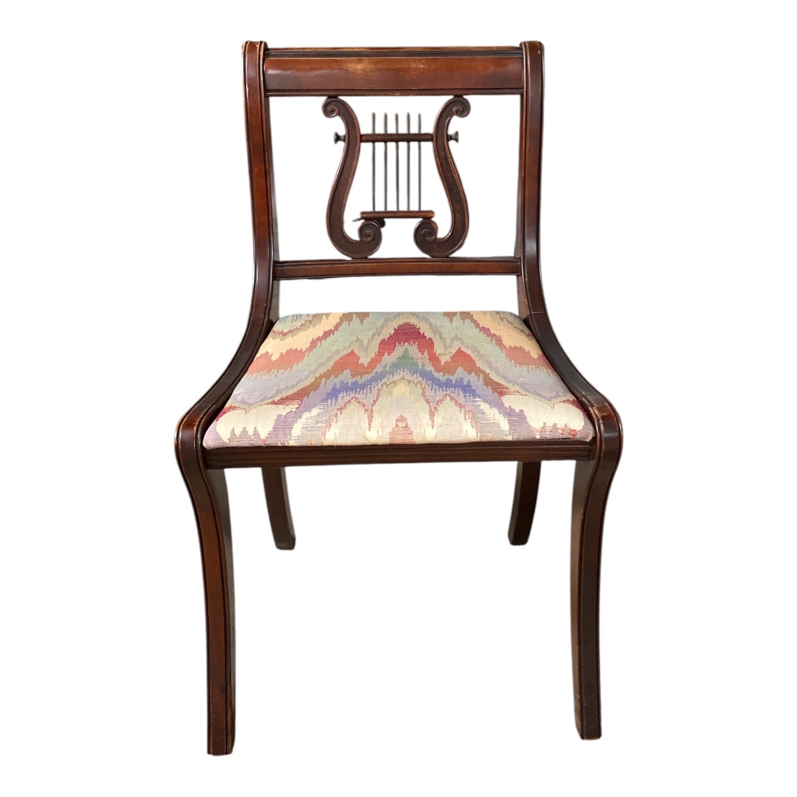 Duncan Phyfe Style Lyre-Back Side Chair in Mahogany with Flame Stitch Seat