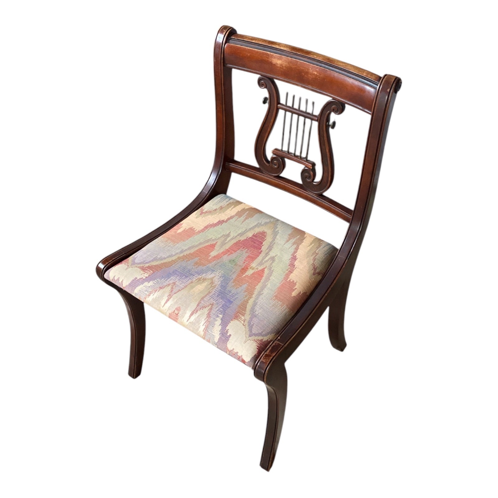 Duncan Phyfe Style Lyre-Back Side Chair in Mahogany with Flame Stitch Seat