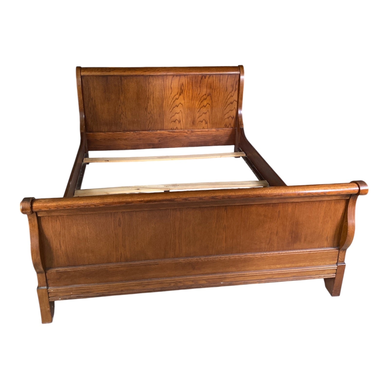 Solid Oak Queen Sleigh Bed Frame with Curved Scroll Ends & Original Slat Support