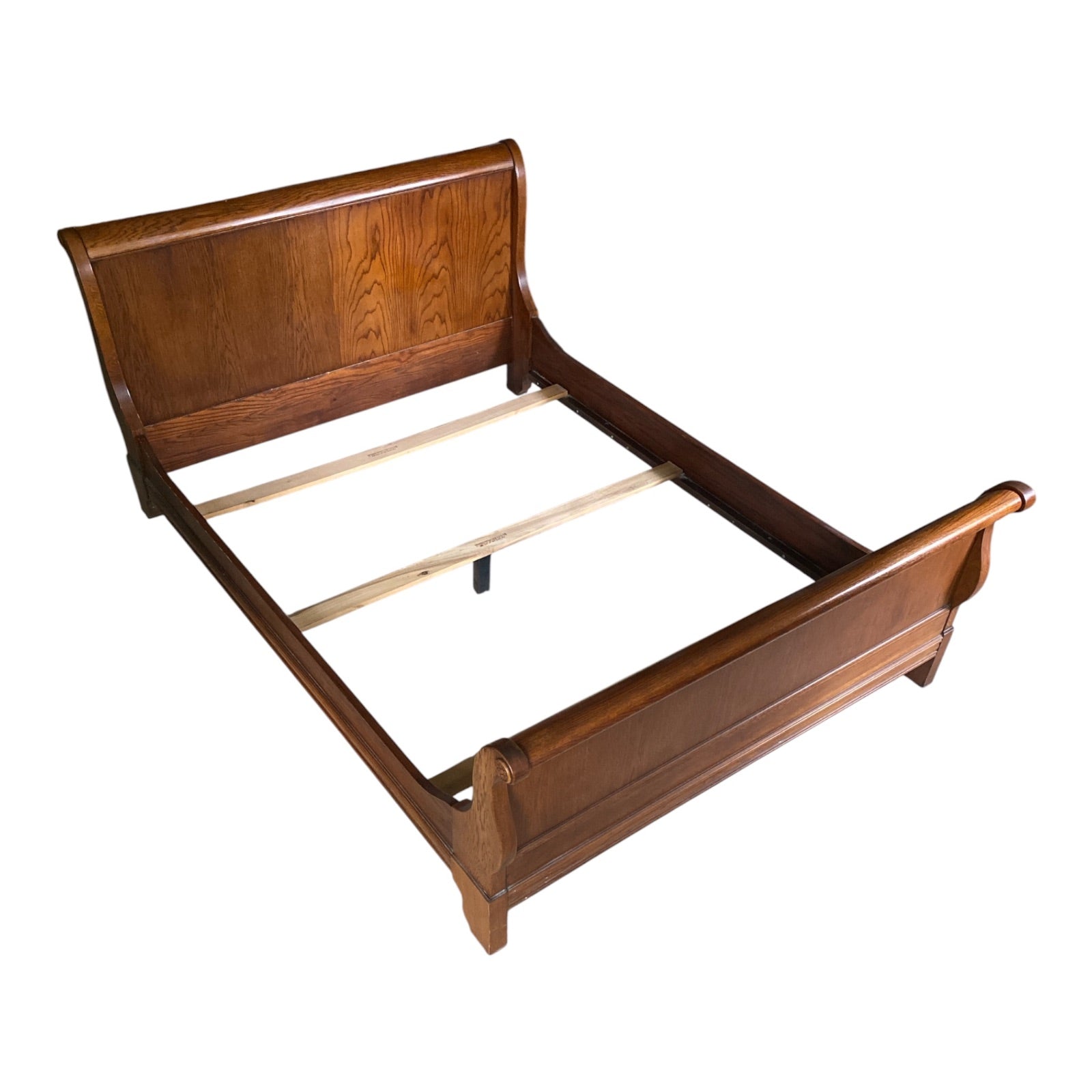 Solid Oak Queen Sleigh Bed Frame with Curved Scroll Ends & Original Slat Support