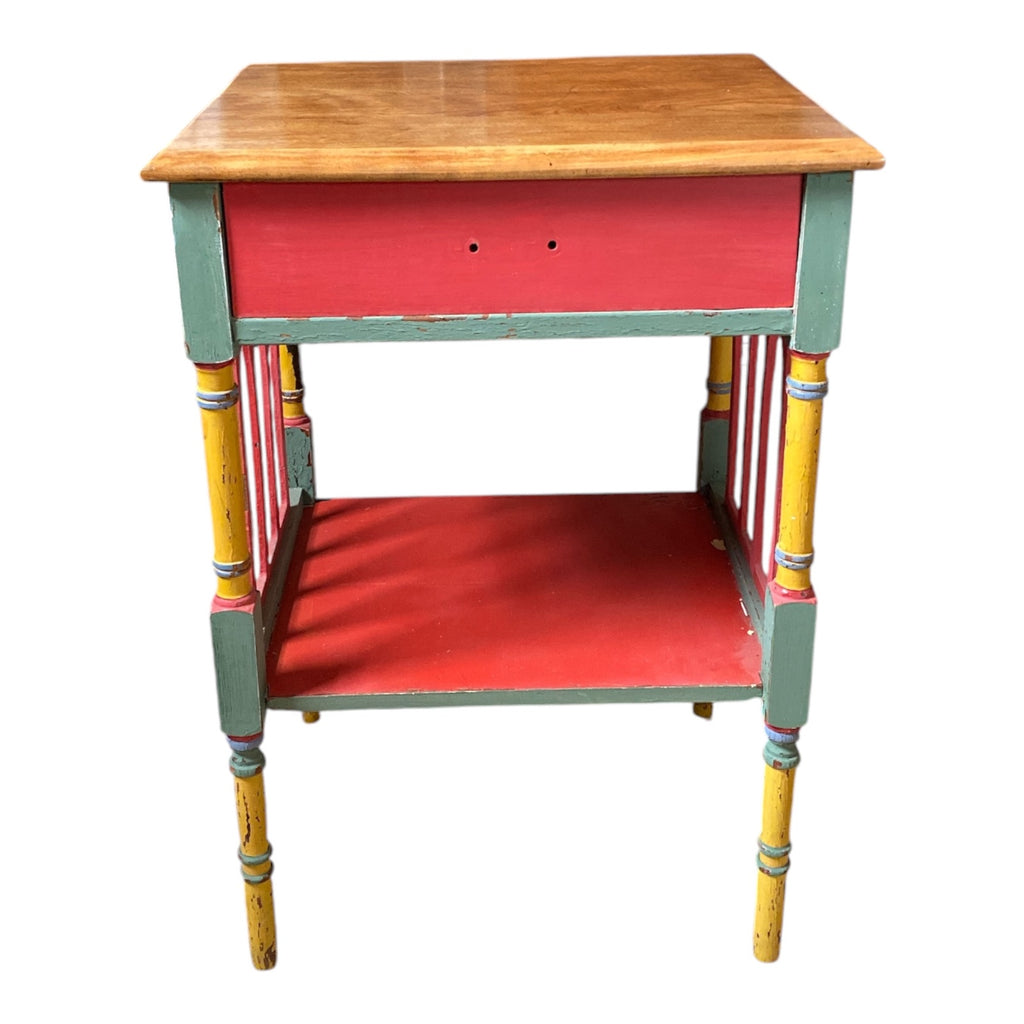 Folk Art Painted Side Table with Solid Mahogany Top & Spindle Gallery Shelf