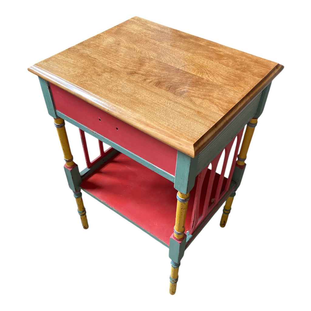 Folk Art Painted Side Table with Solid Mahogany Top & Spindle Gallery Shelf