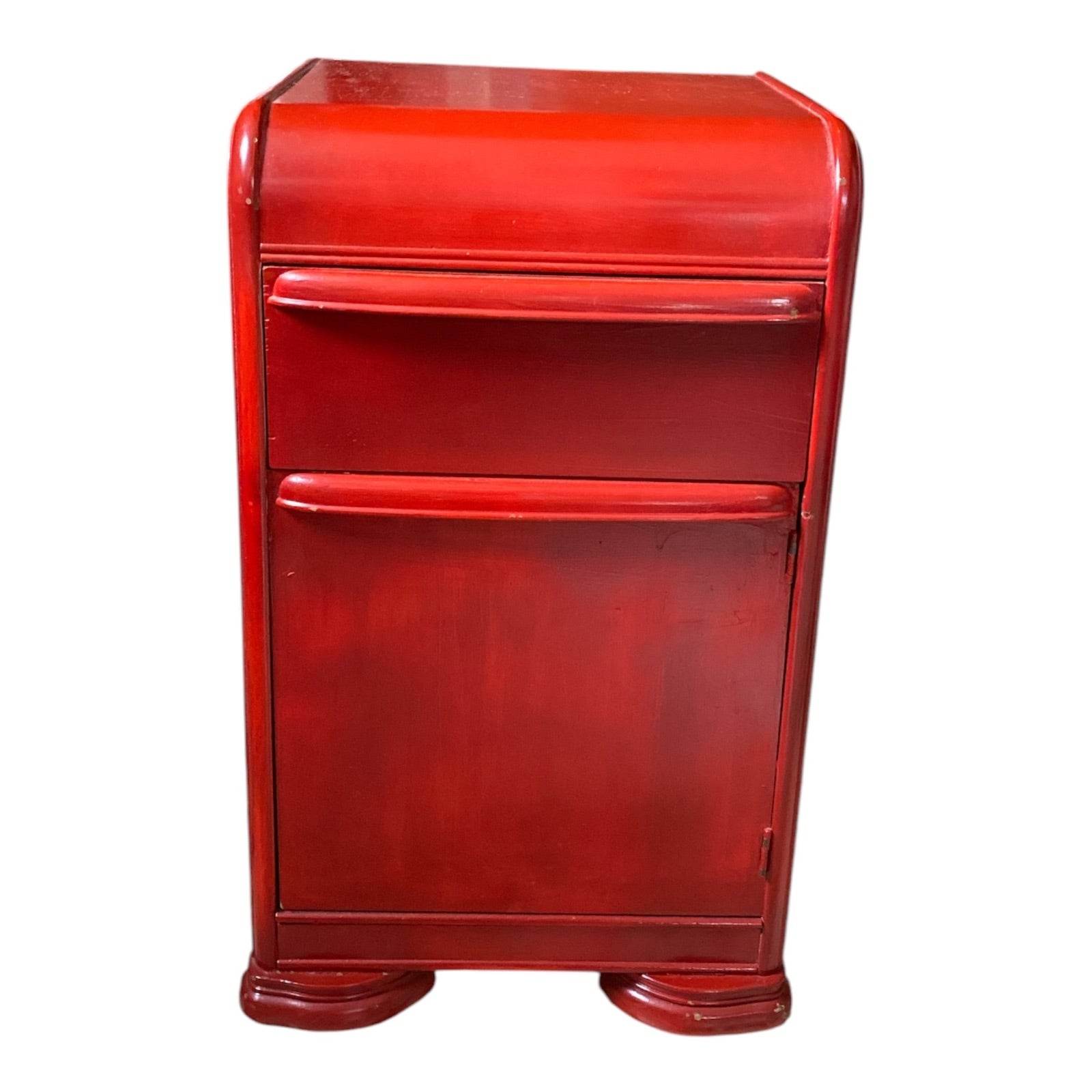 Art Deco Waterfall Nightstand in Bold Cherry Red Lacquer, 1930s-40s