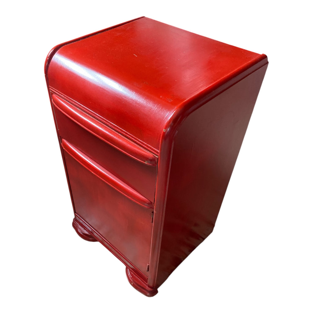 Art Deco Waterfall Nightstand in Bold Cherry Red Lacquer, 1930s-40s