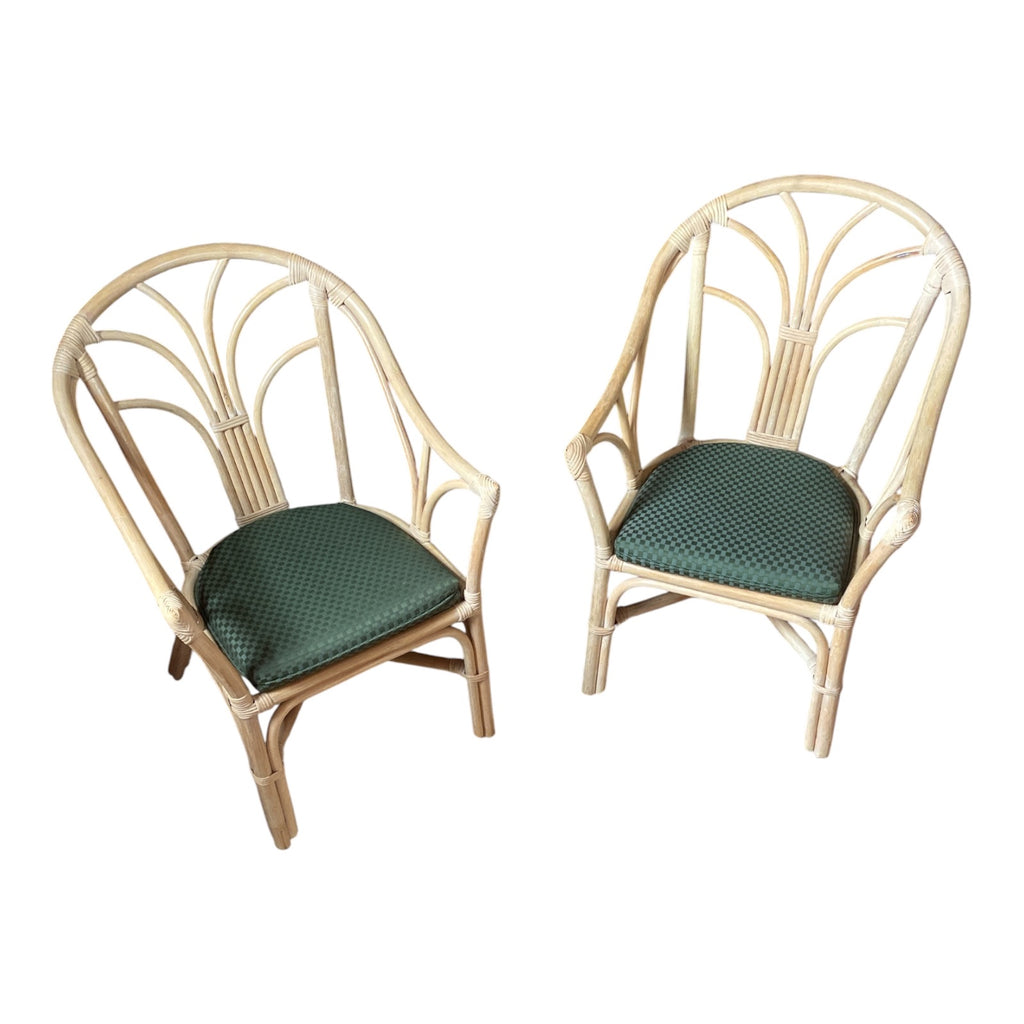 Pair Vintage Bent Rattan Fan-Back Armchairs with Original Green Cushions
