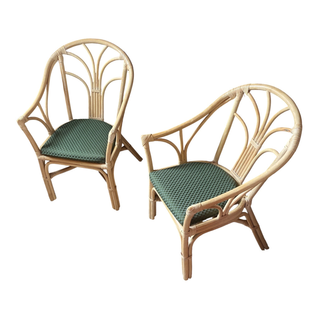 Pair Vintage Bent Rattan Fan-Back Armchairs with Original Green Cushions