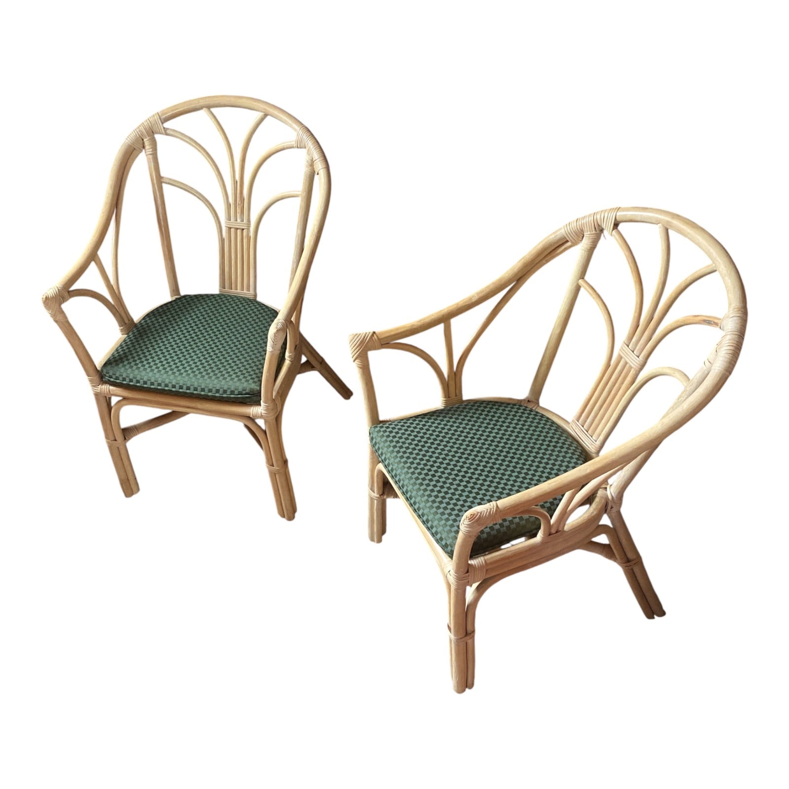 Pair Vintage Bent Rattan Fan-Back Armchairs with Original Green Cushions