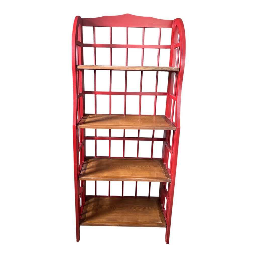 Vintage Lattice-Back Étagère with Oak Shelves, Bold Red Painted Frame