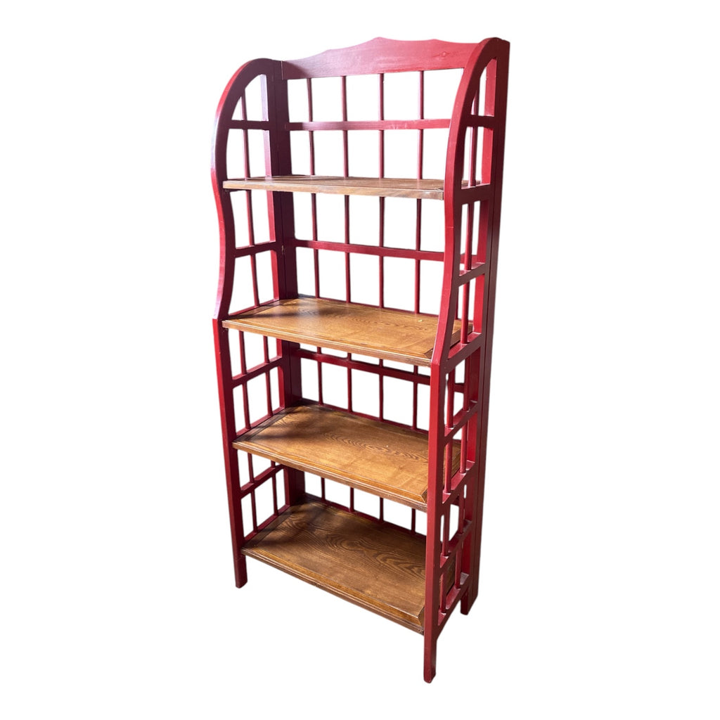 Vintage Lattice-Back Étagère with Oak Shelves, Bold Red Painted Frame