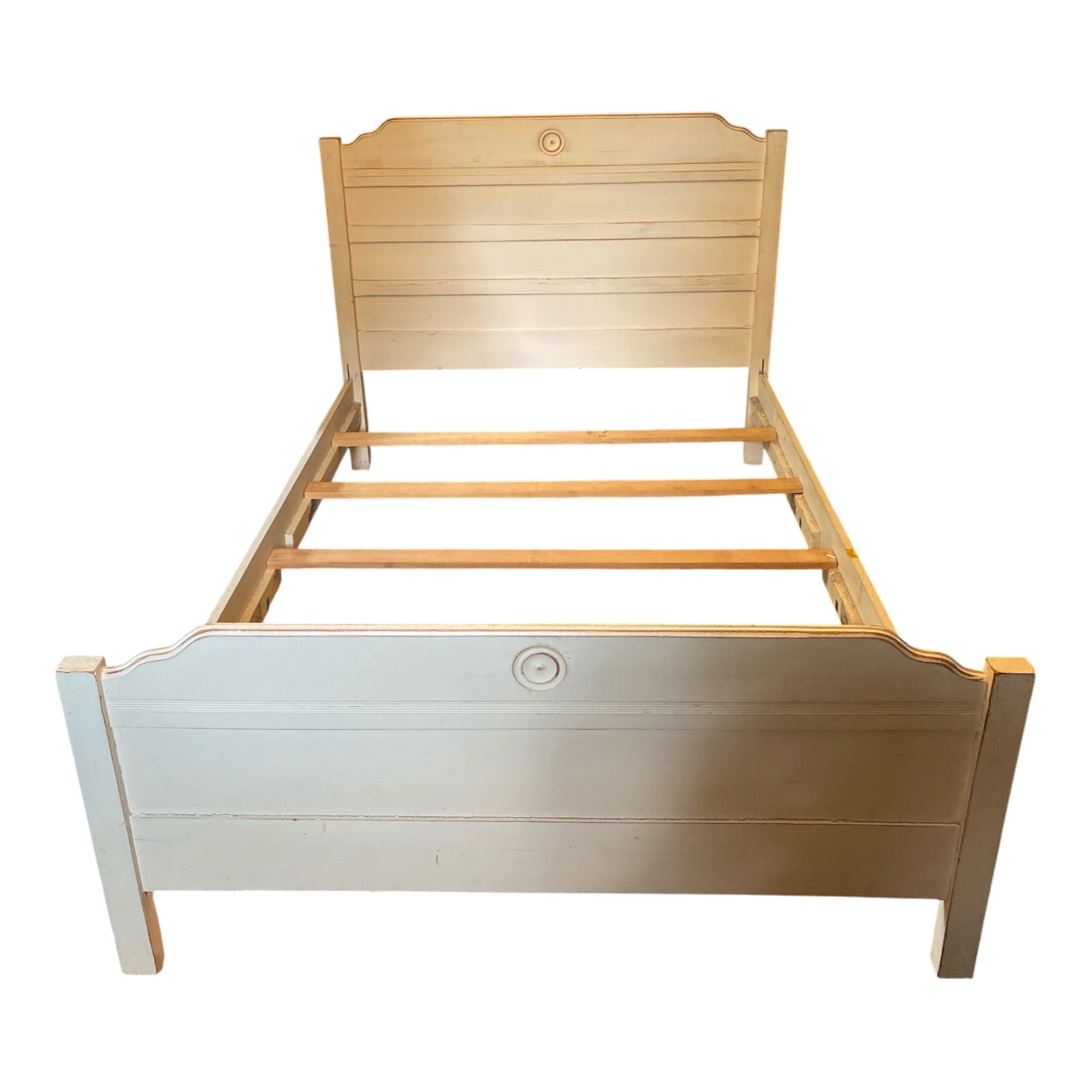 Cottage-Style Painted Pine Full Bed Frame with Shiplap Paneling & Medallion Deta