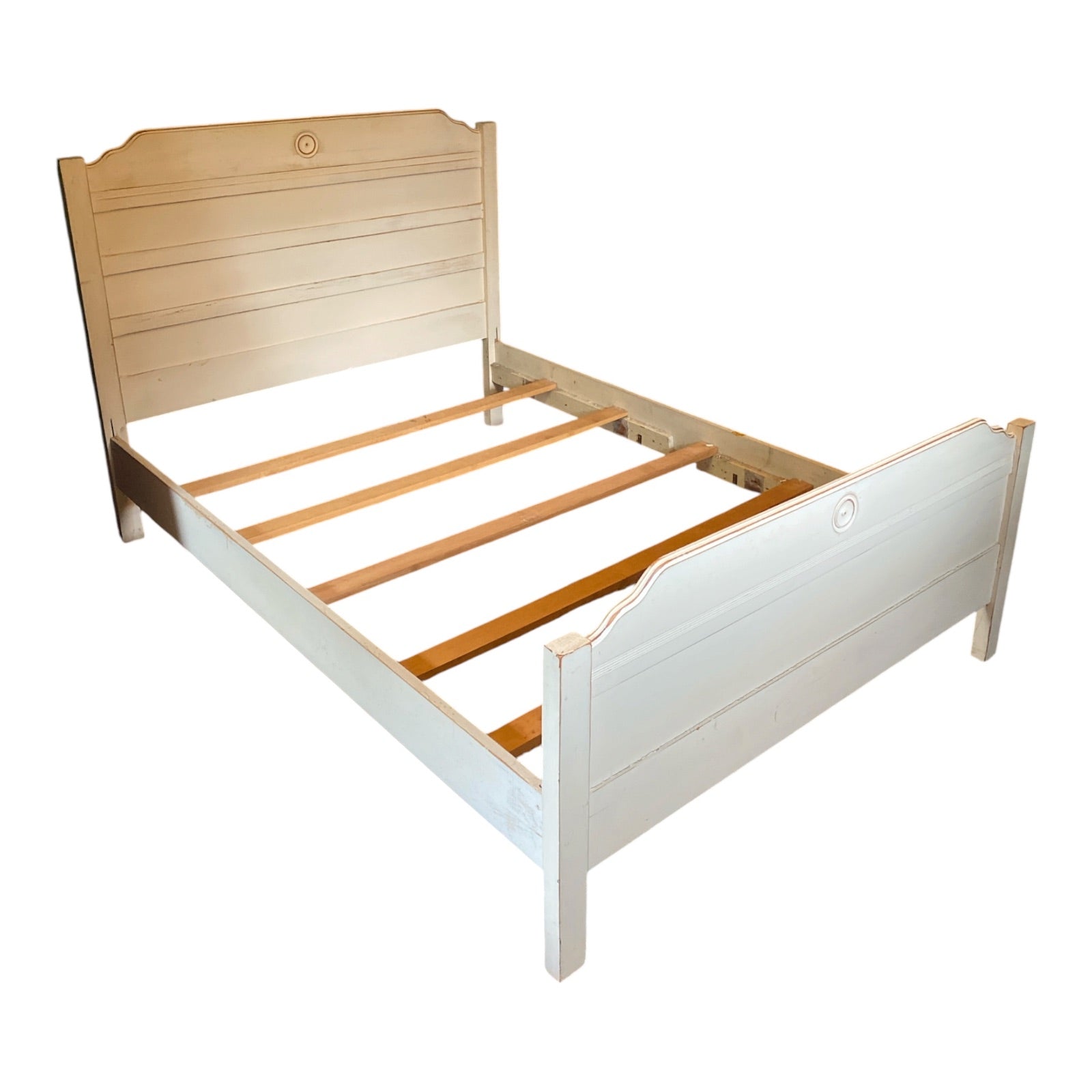 Cottage-Style Painted Pine Full Bed Frame with Shiplap Paneling & Medallion Deta