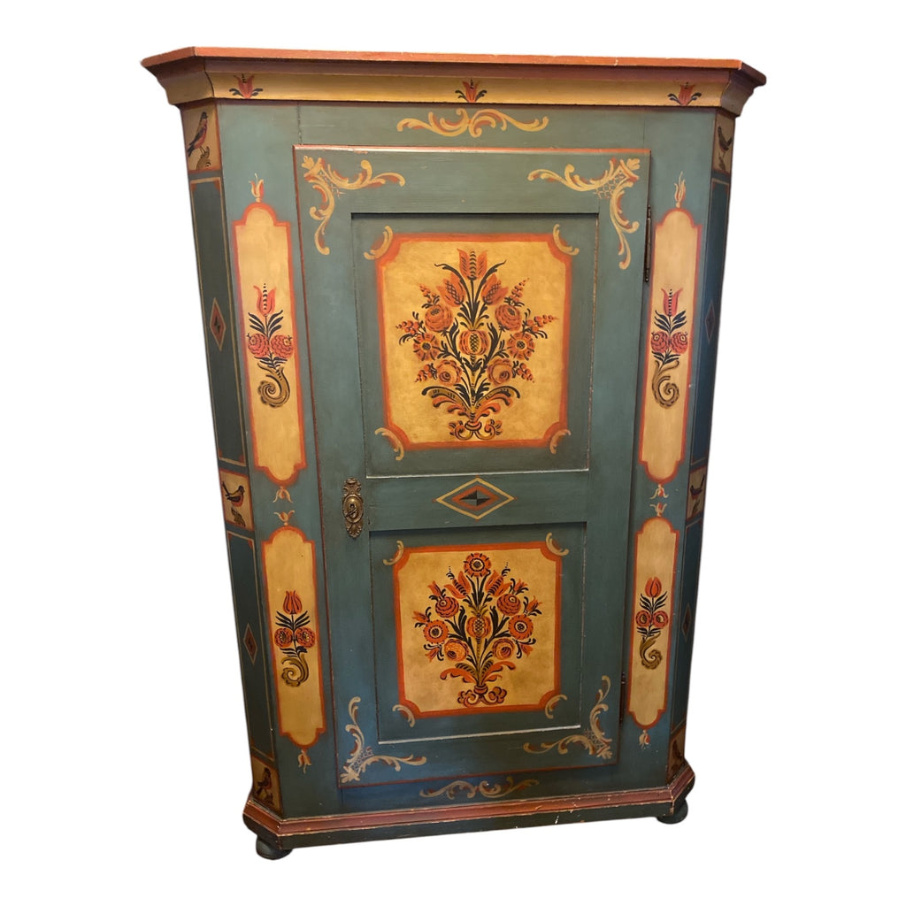 Tyrolean Hand-Painted Pine Schrank Armoire with Folk Art Bird & Floral Motifs