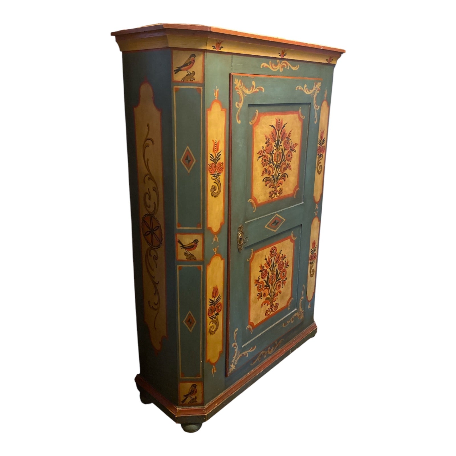 Tyrolean Hand-Painted Pine Schrank Armoire with Folk Art Bird & Floral Motifs