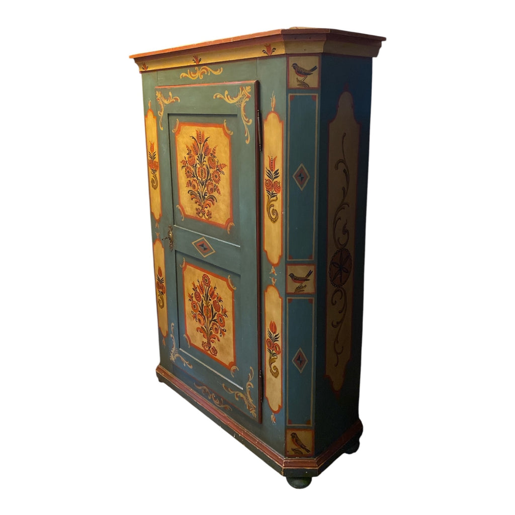 Tyrolean Hand-Painted Pine Schrank Armoire with Folk Art Bird & Floral Motifs