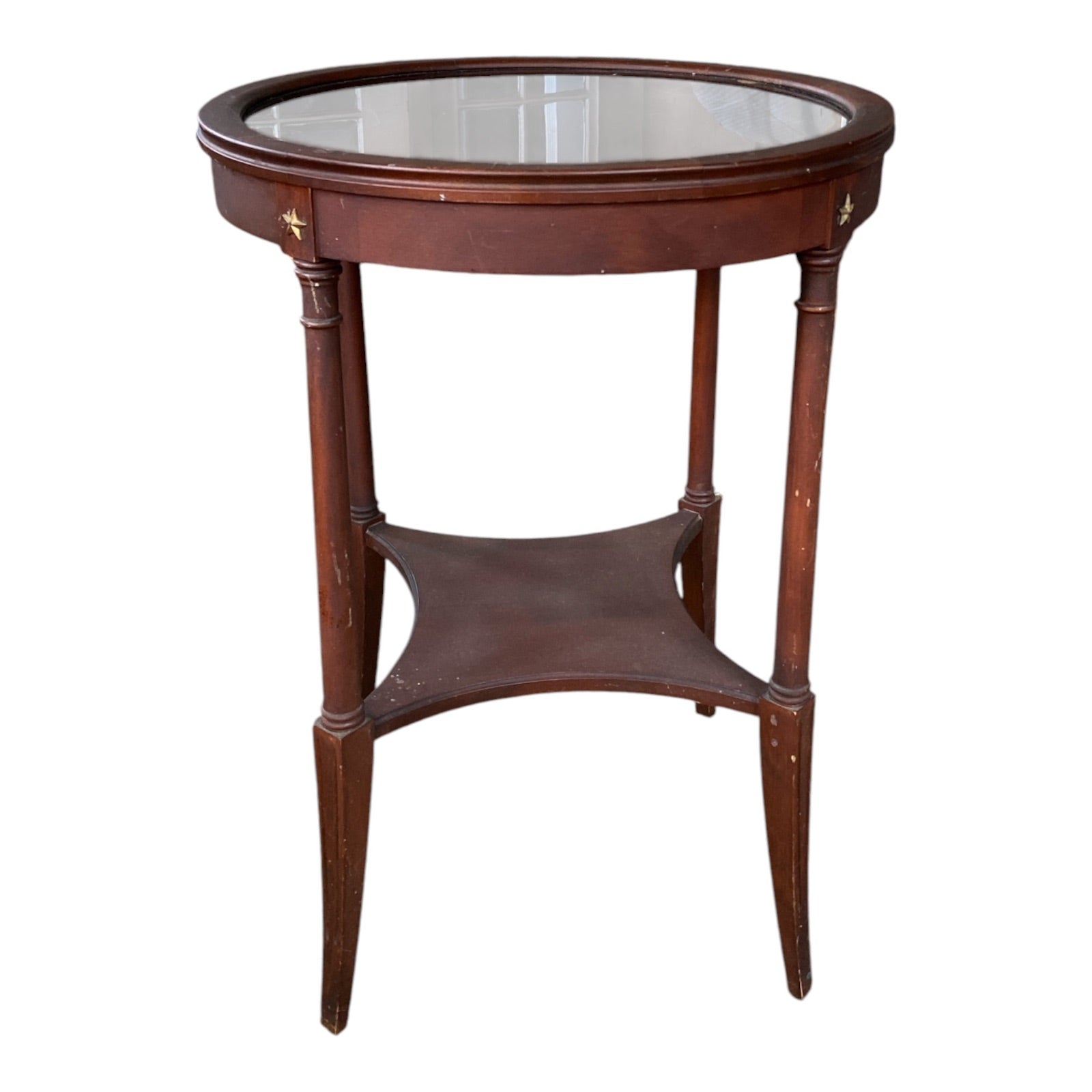 Regency-Style Mahogany Oval Accent Table with Beveled Glass Insert & Brass Mount