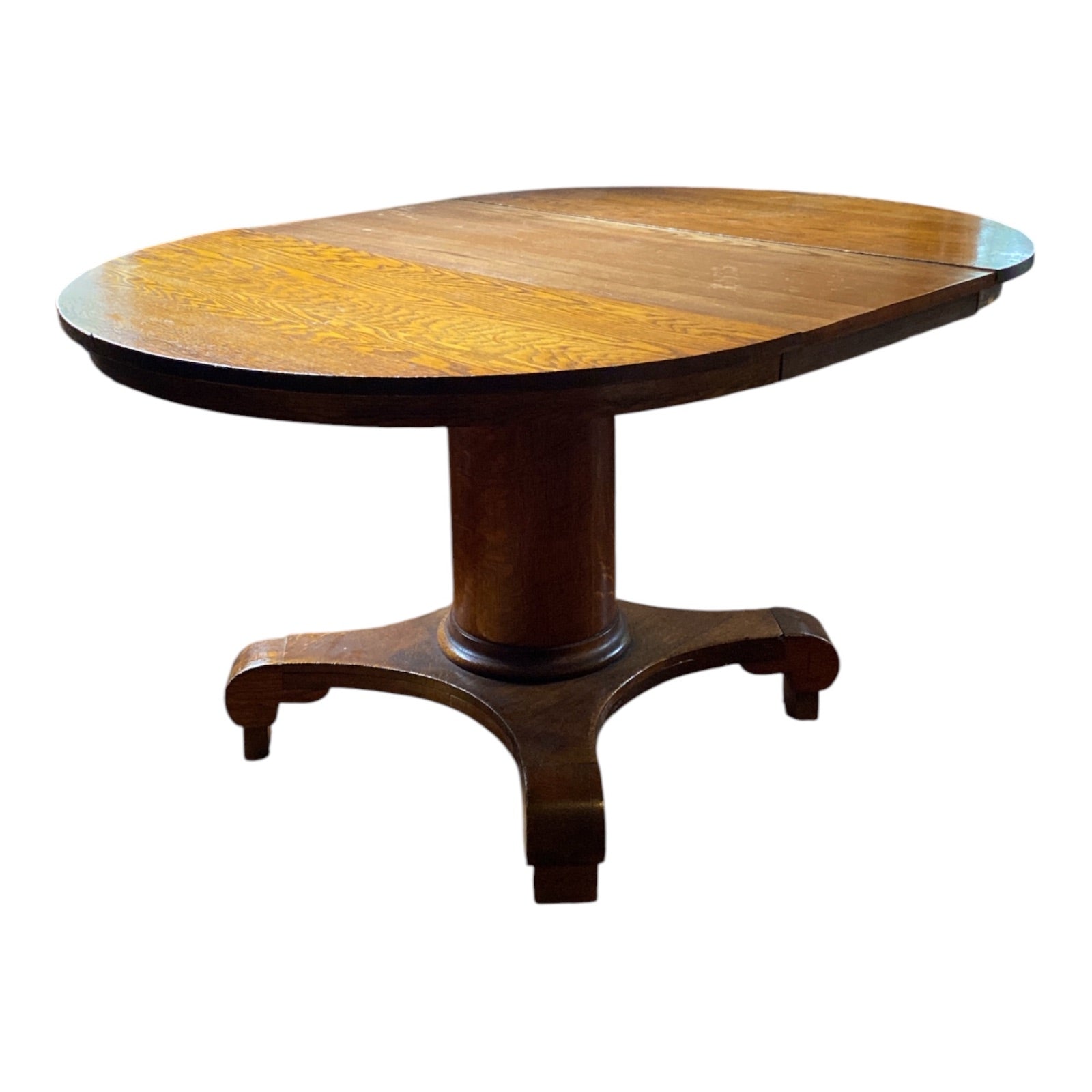 Antique Quarter-Sawn Oak Empire Revival Pedestal Dining Table with Leaf