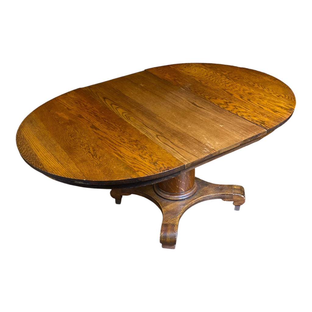 Antique Quarter-Sawn Oak Empire Revival Pedestal Dining Table with Leaf