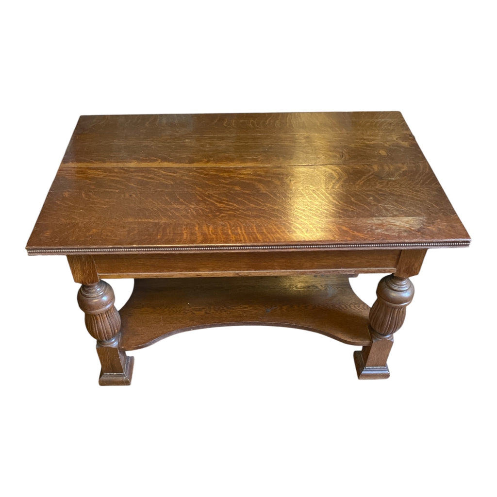 Victorian Quarter-Sawn Oak Library Table with Gadrooned Legs & Beaded Edge