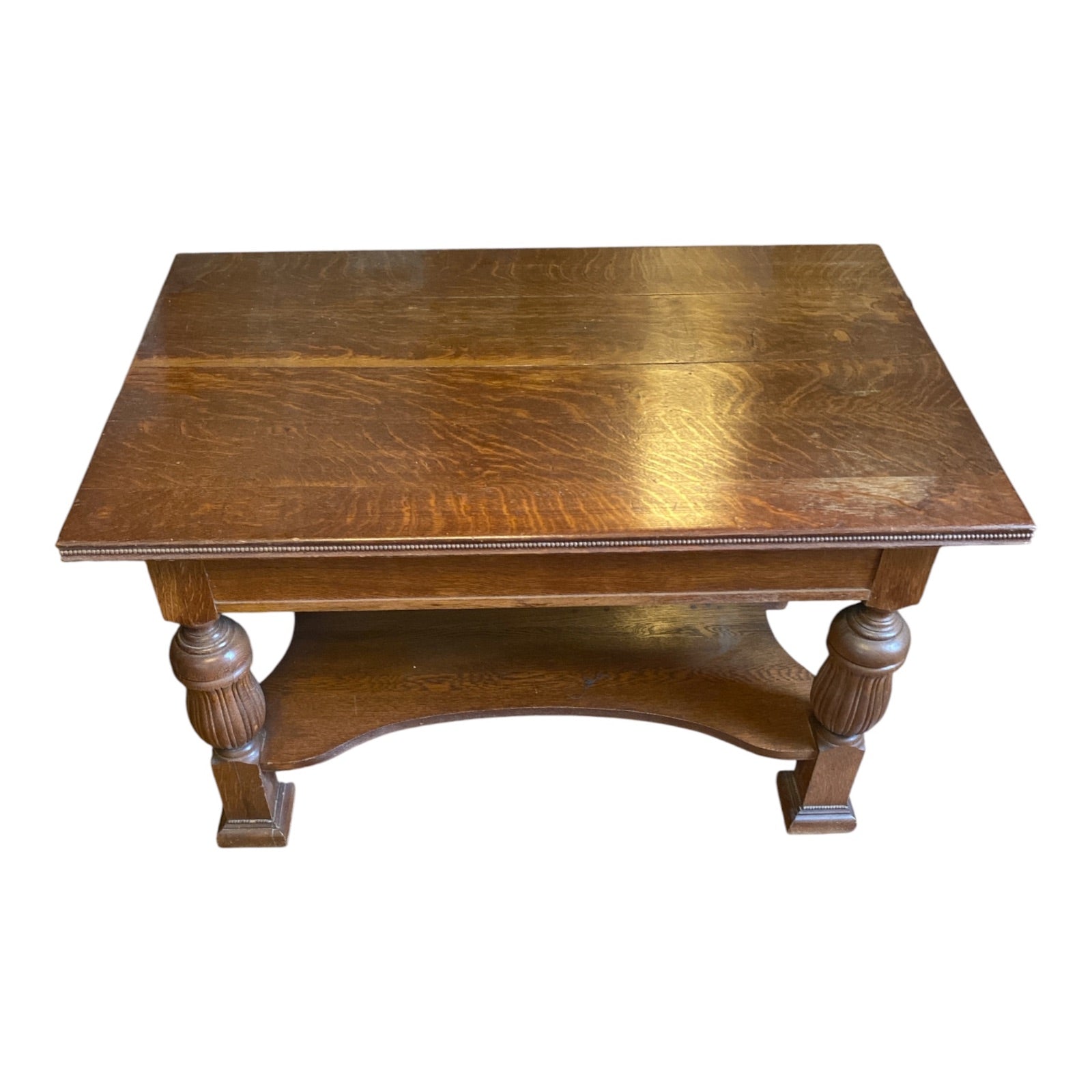 Victorian Quarter-Sawn Oak Library Table with Gadrooned Legs & Beaded Edge