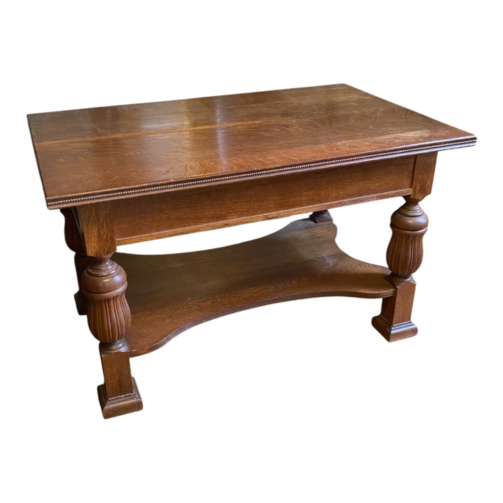 Victorian Quarter-Sawn Oak Library Table with Gadrooned Legs & Beaded Edge