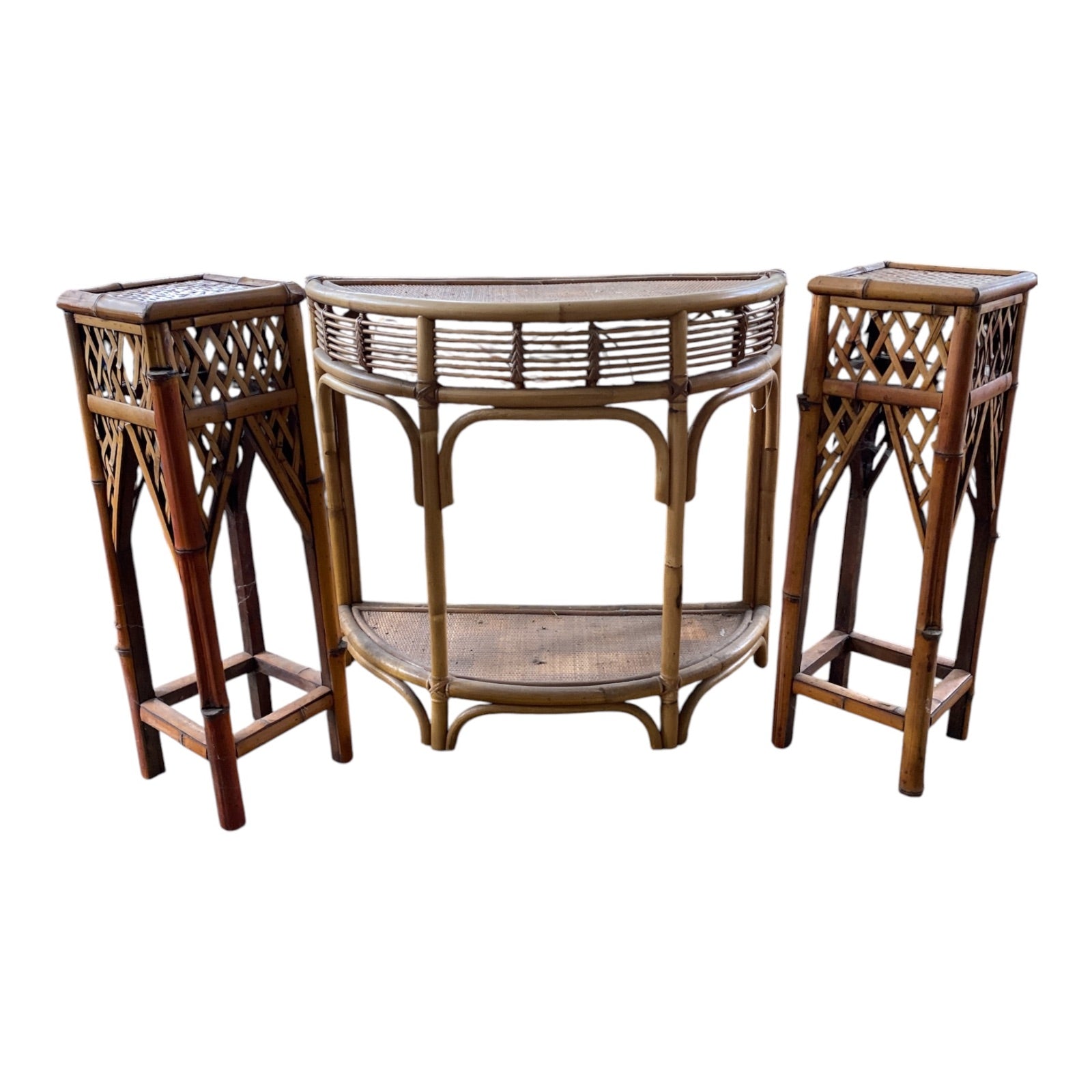 Vintage Rattan & Cane Demilune Console with Pair of Chinese Chippendale Plant St
