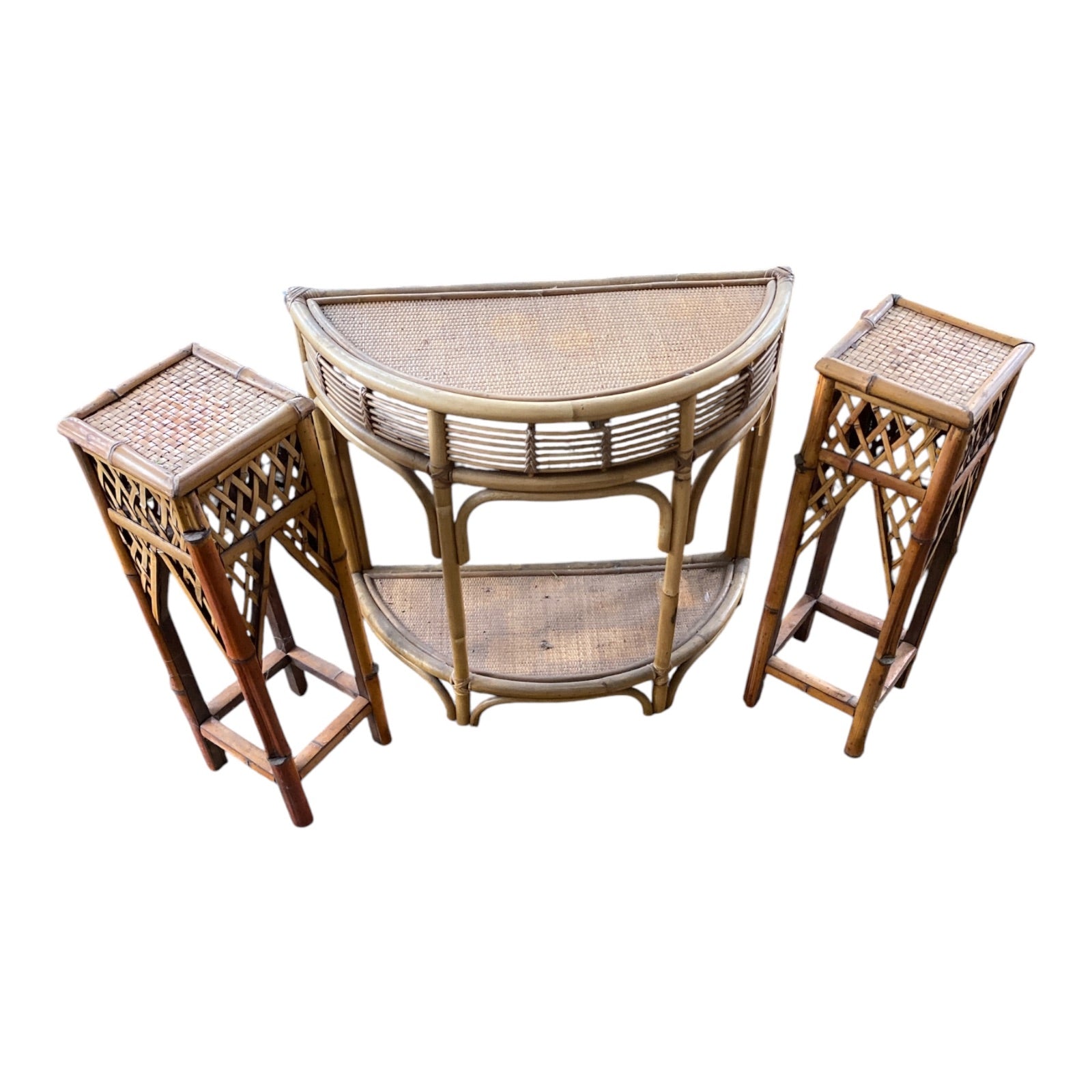Vintage Rattan & Cane Demilune Console with Pair of Chinese Chippendale Plant St