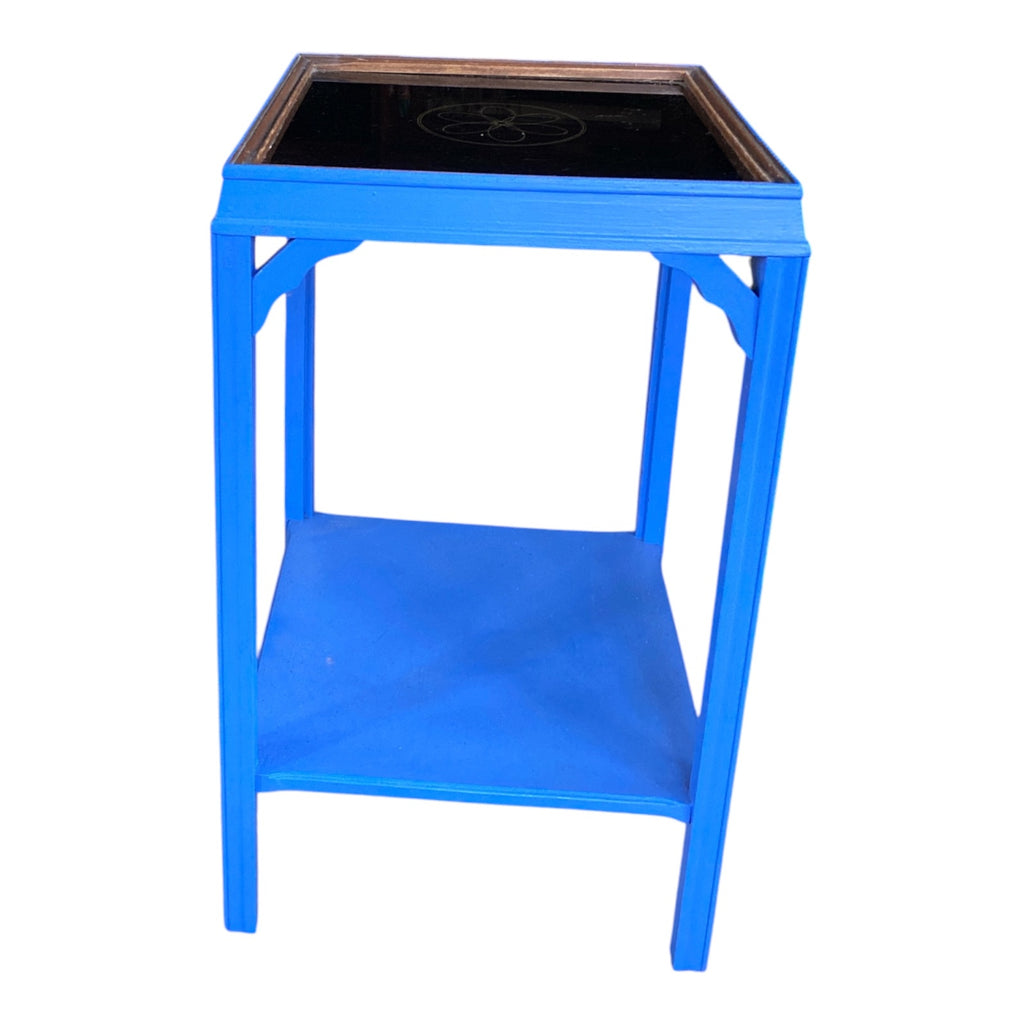 Vintage Chippendale-Style Side Table with Black Glass Inset Top, Cobalt Blue Pai