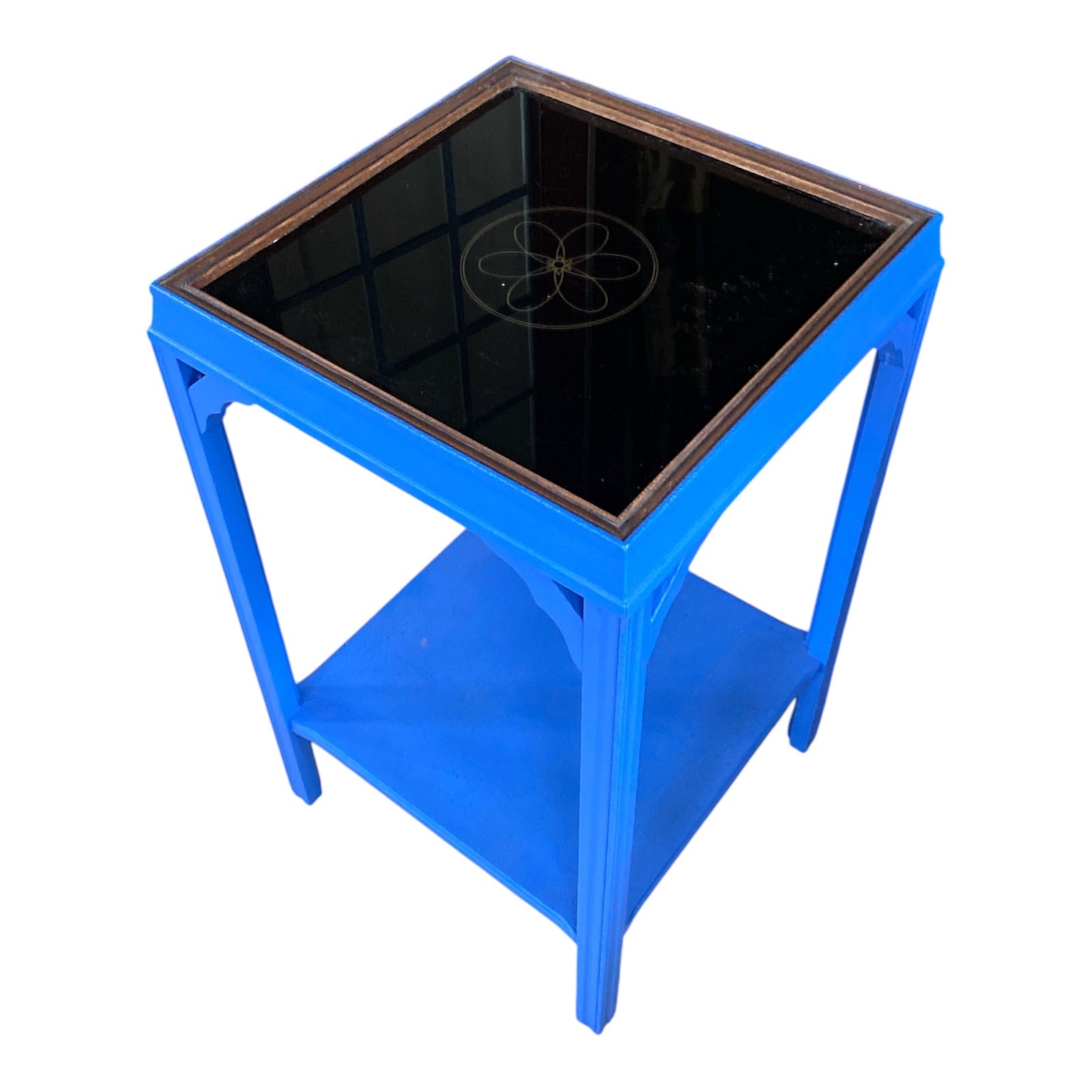 Vintage Chippendale-Style Side Table with Black Glass Inset Top, Cobalt Blue Pai