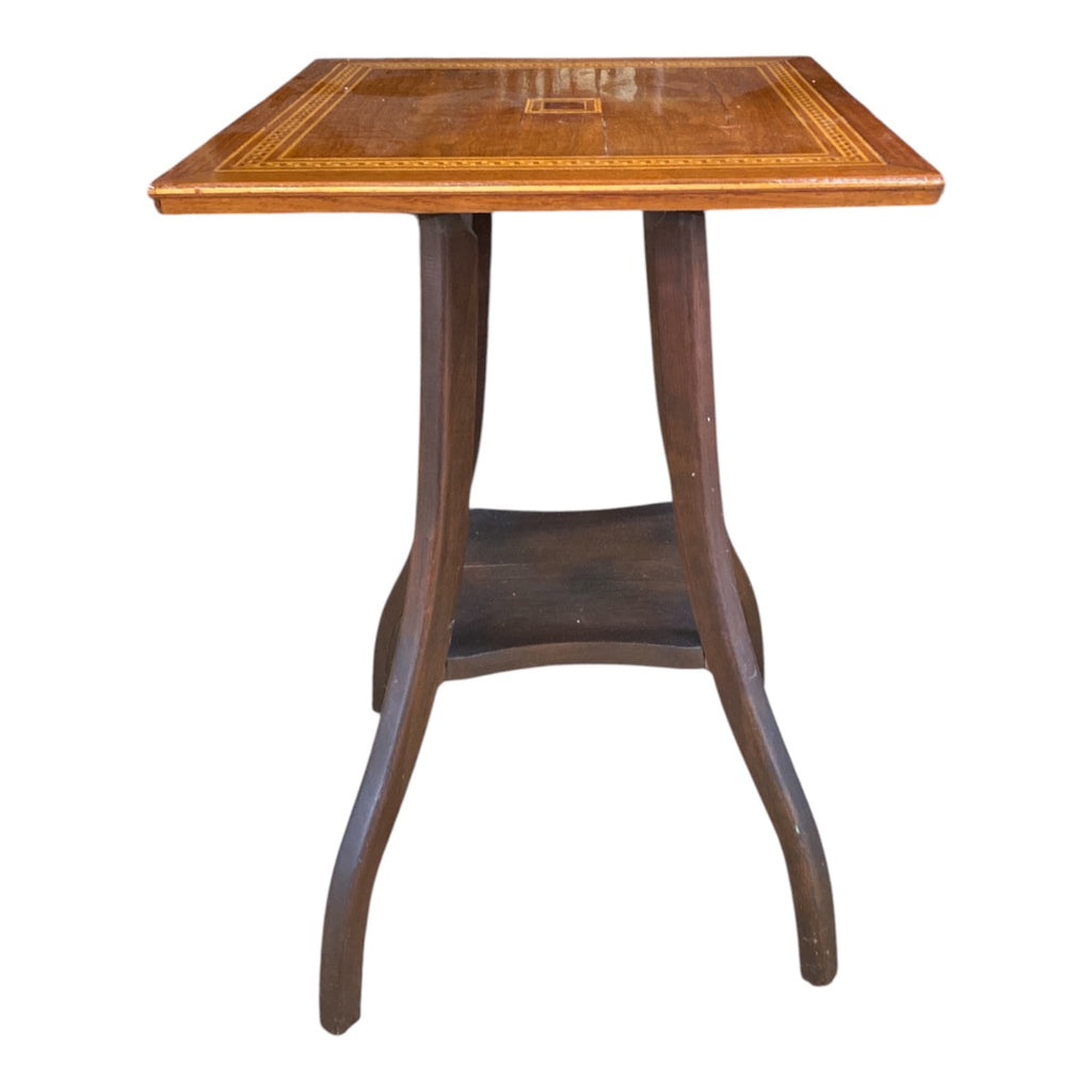 Victorian Walnut Parlor Table with Greek Key Inlay, Splayed Legs & Lower Shelf