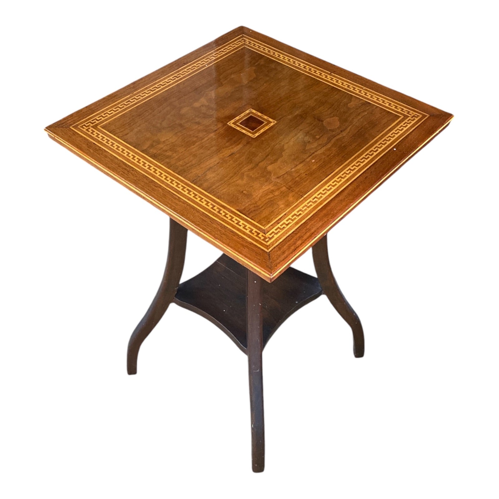 Victorian Walnut Parlor Table with Greek Key Inlay, Splayed Legs & Lower Shelf