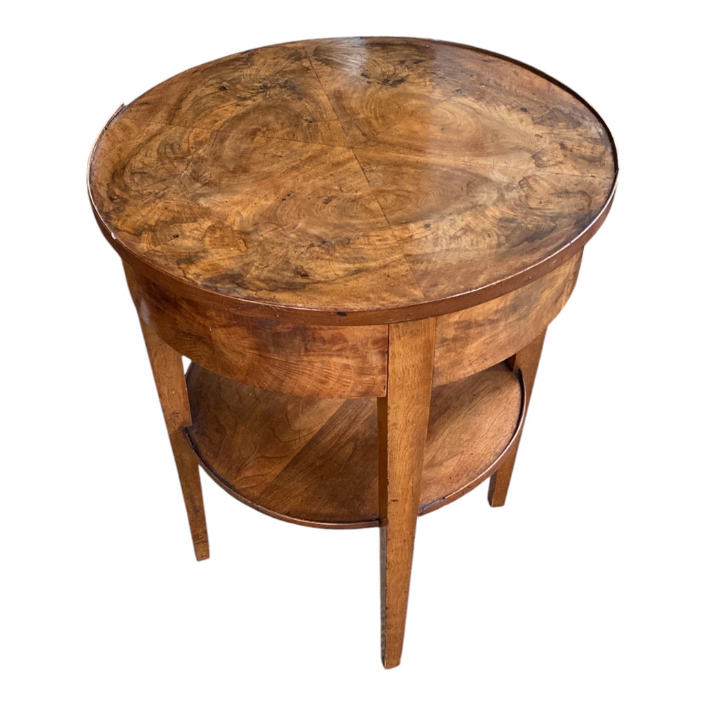 Vintage Burl Walnut Round Two-Tier Side Table with Tapered Legs