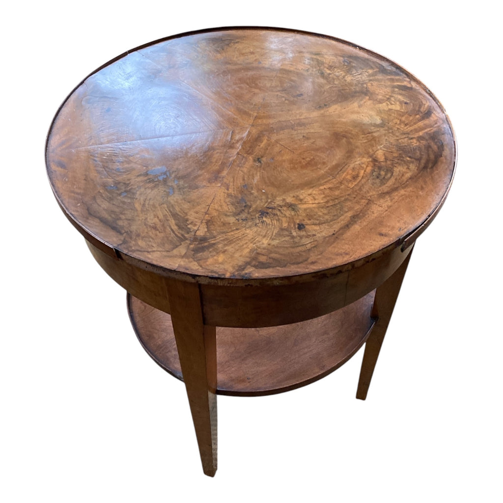 Vintage Burl Walnut Round Two-Tier Side Table with Tapered Legs