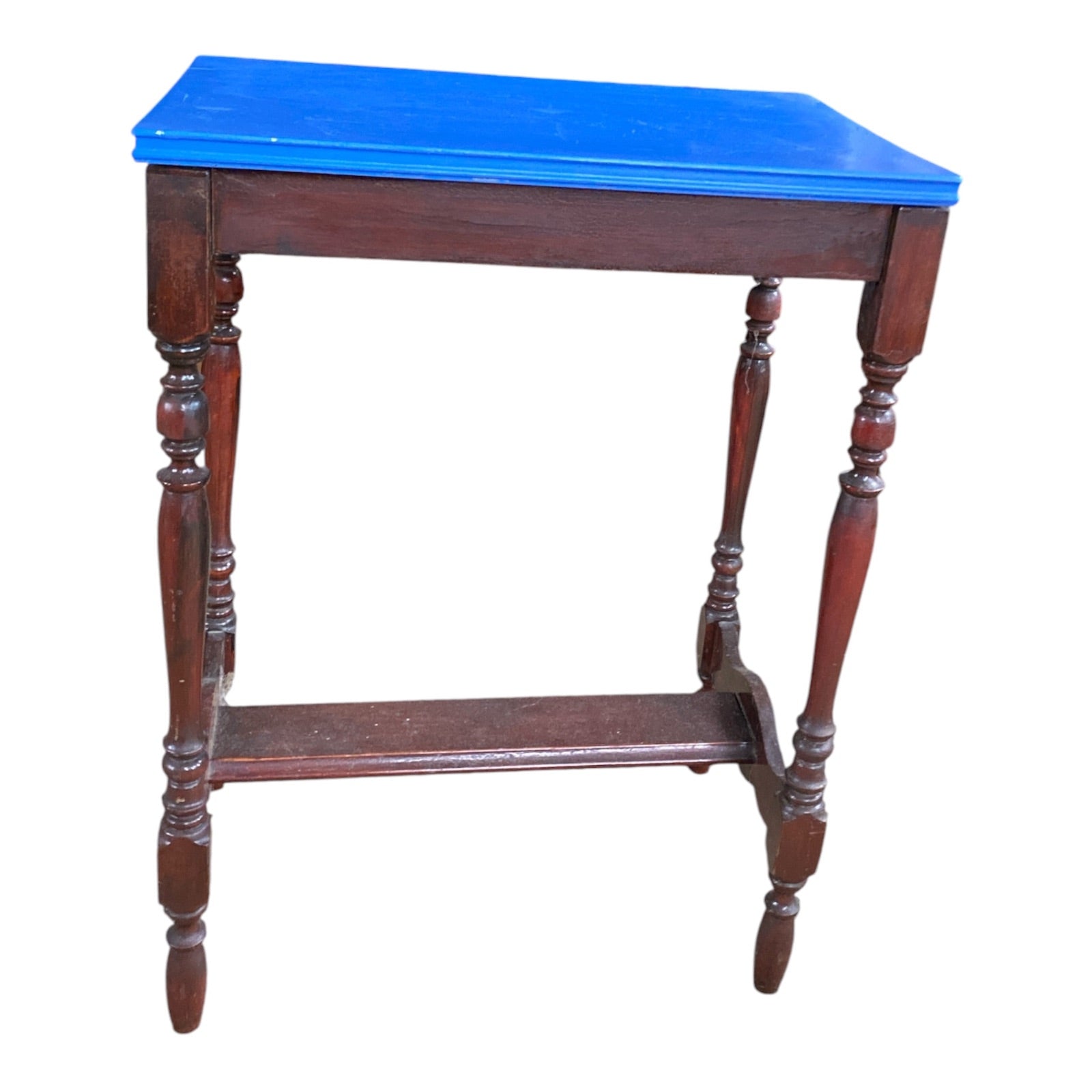 1920s Jacobean Revival Side Table with Bold Blue Painted Top & Turned Legs