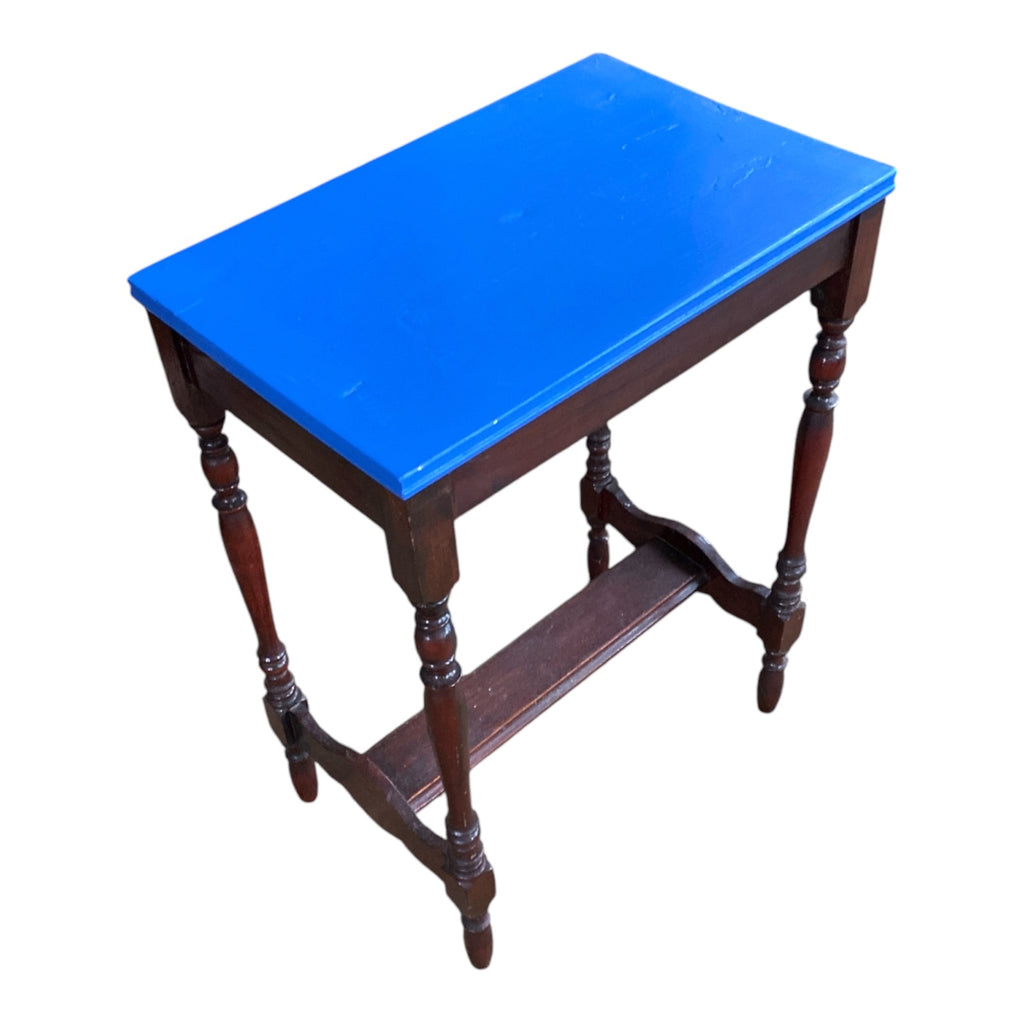 1920s Jacobean Revival Side Table with Bold Blue Painted Top & Turned Legs