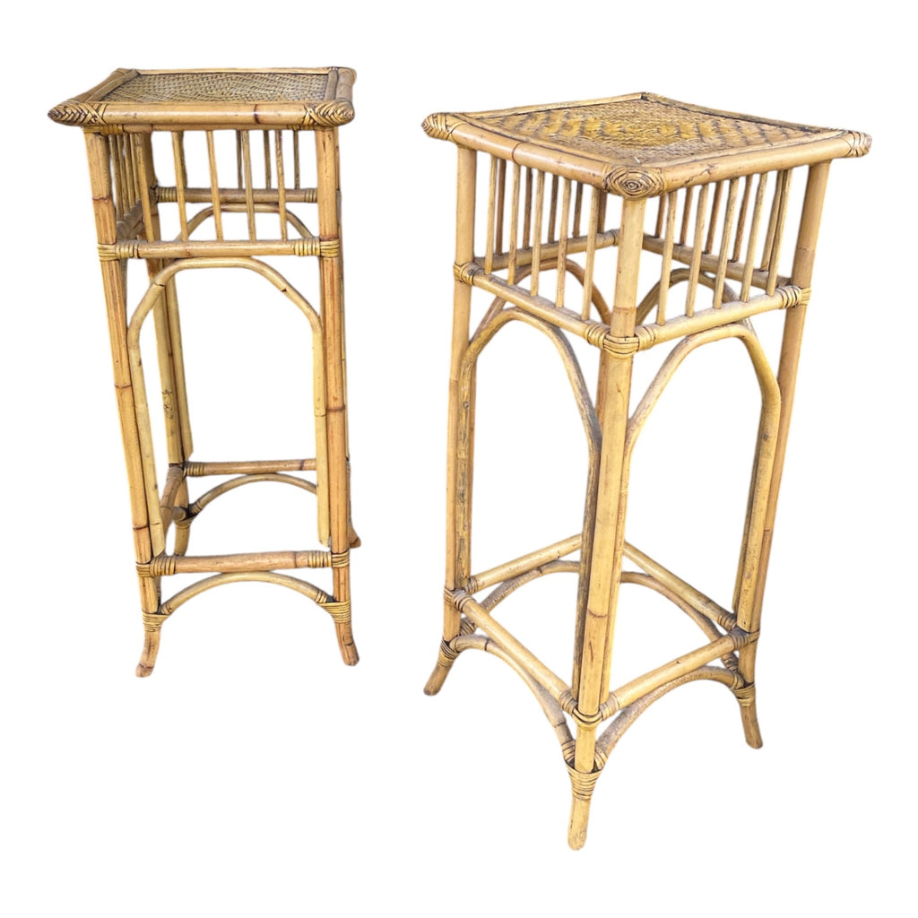 Vintage Rattan & Woven Cane Plant Stands Pair — British Colonial Style Nesting
