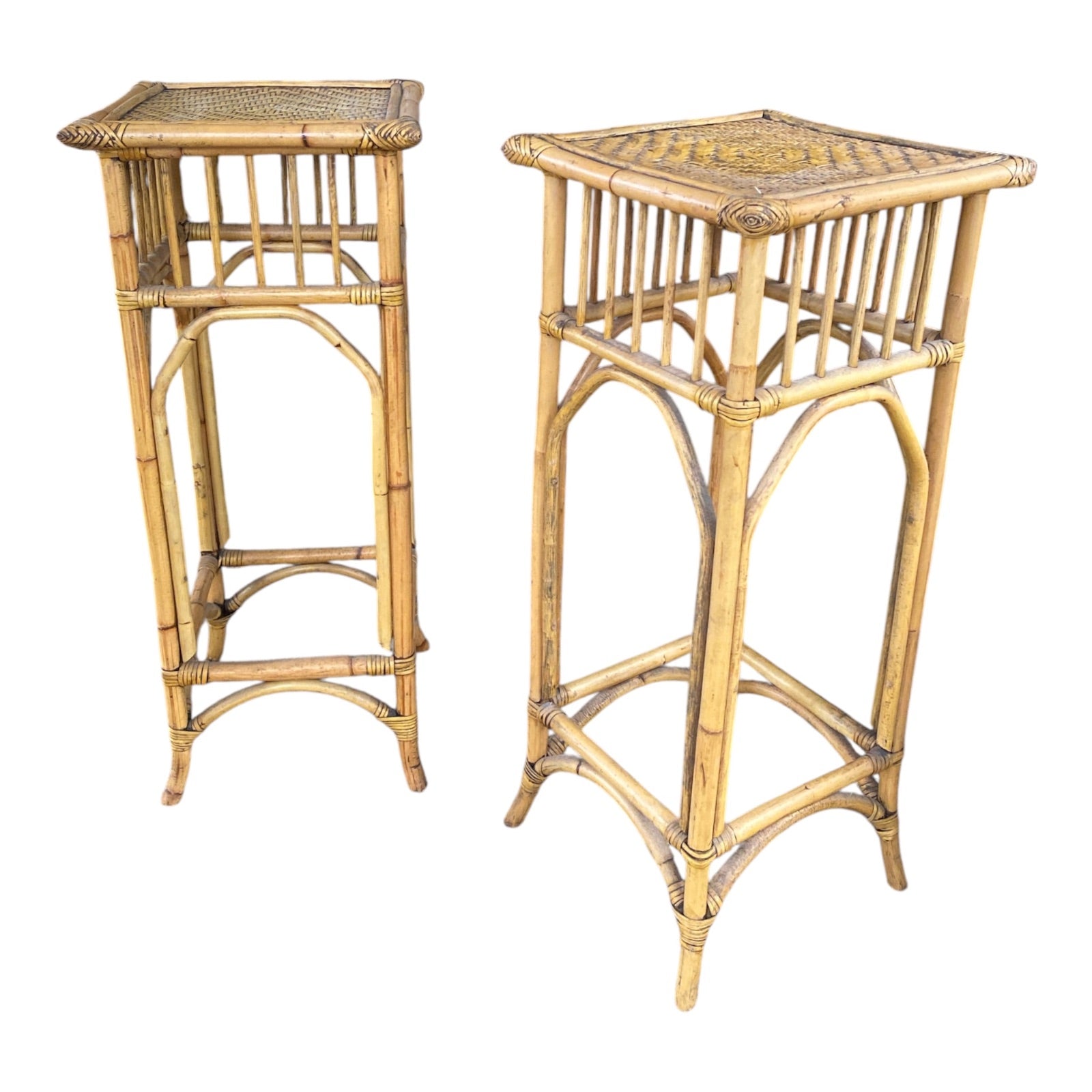 Vintage Rattan & Woven Cane Plant Stands Pair — British Colonial Style Nesting