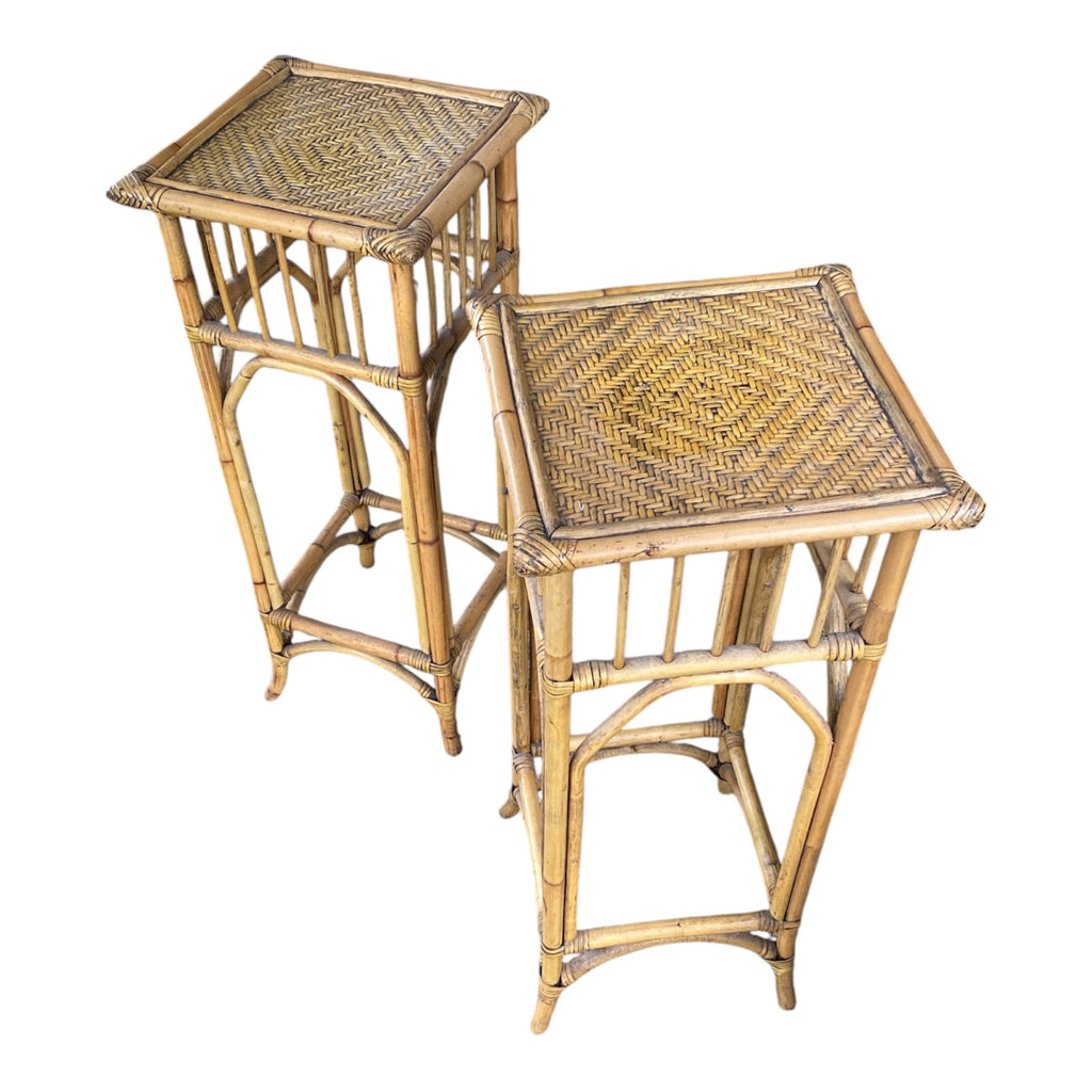 Vintage Rattan & Woven Cane Plant Stands Pair — British Colonial Style Nesting