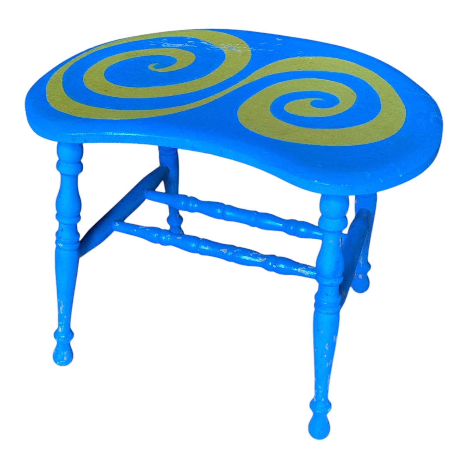 Vintage Kidney Bean Stool with Hand-Painted Spiral Design, Turned Legs
