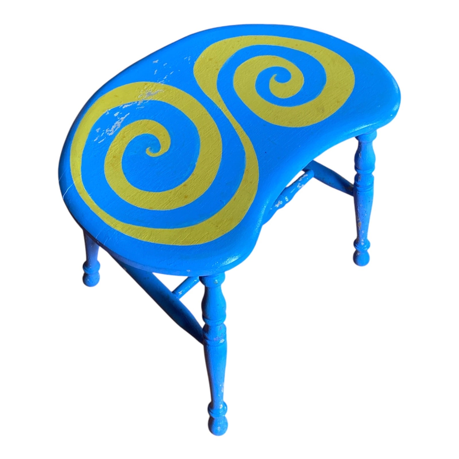 Vintage Kidney Bean Stool with Hand-Painted Spiral Design, Turned Legs