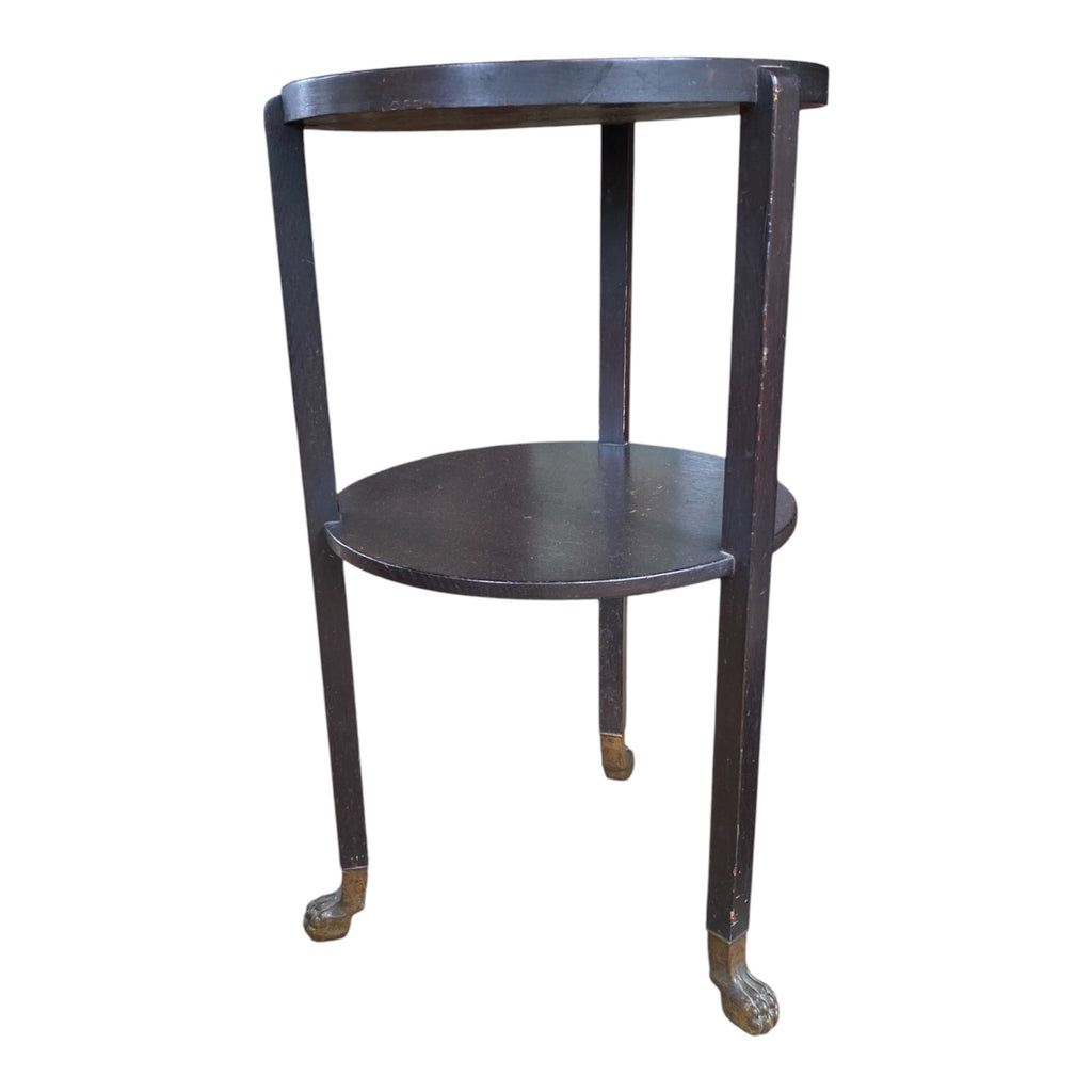 Antique Oak Two-Tier Round Side Table with Brass Claw Foot Casters