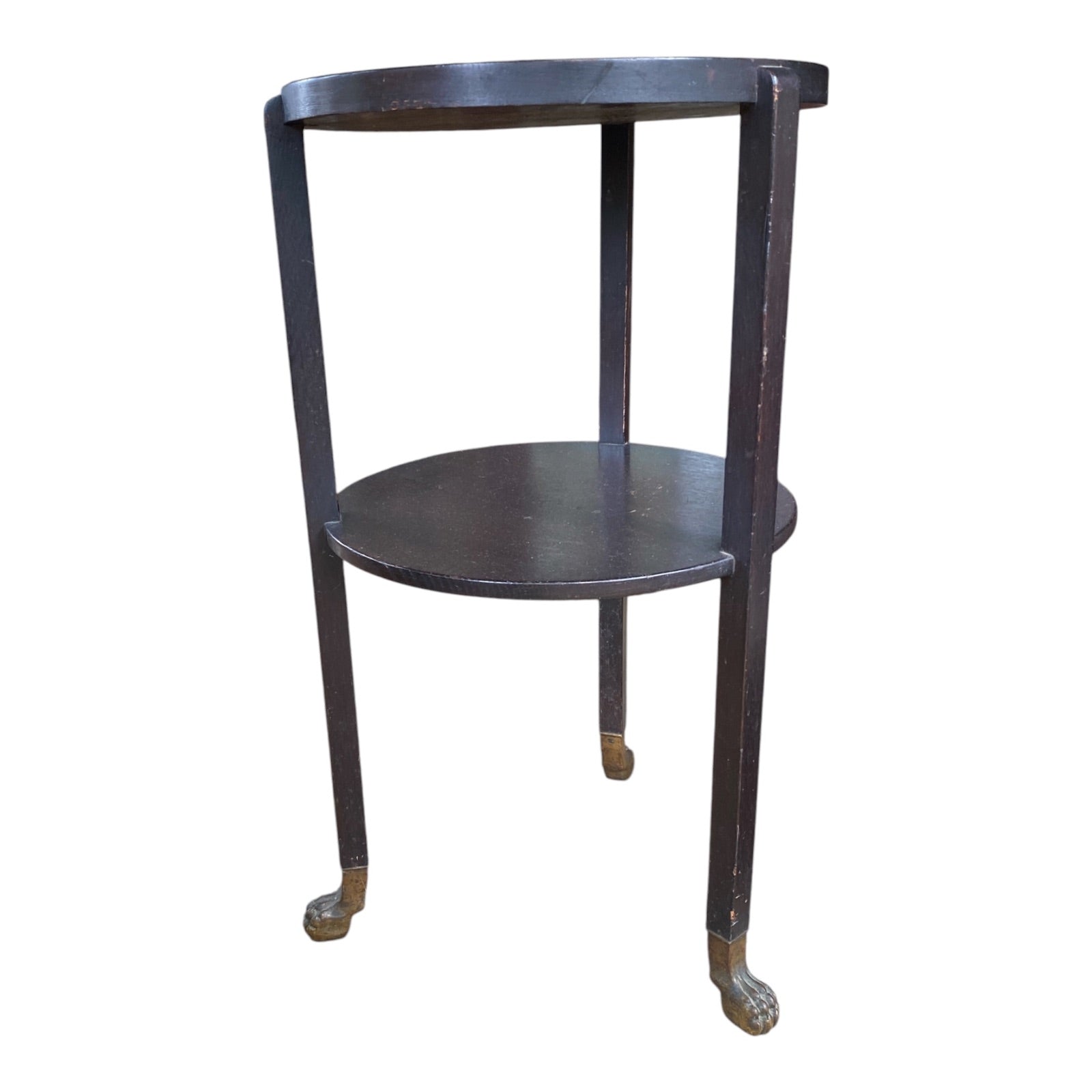 Antique Oak Two-Tier Round Side Table with Brass Claw Foot Casters