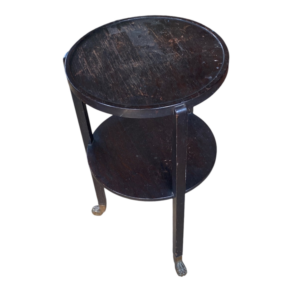 Antique Oak Two-Tier Round Side Table with Brass Claw Foot Casters