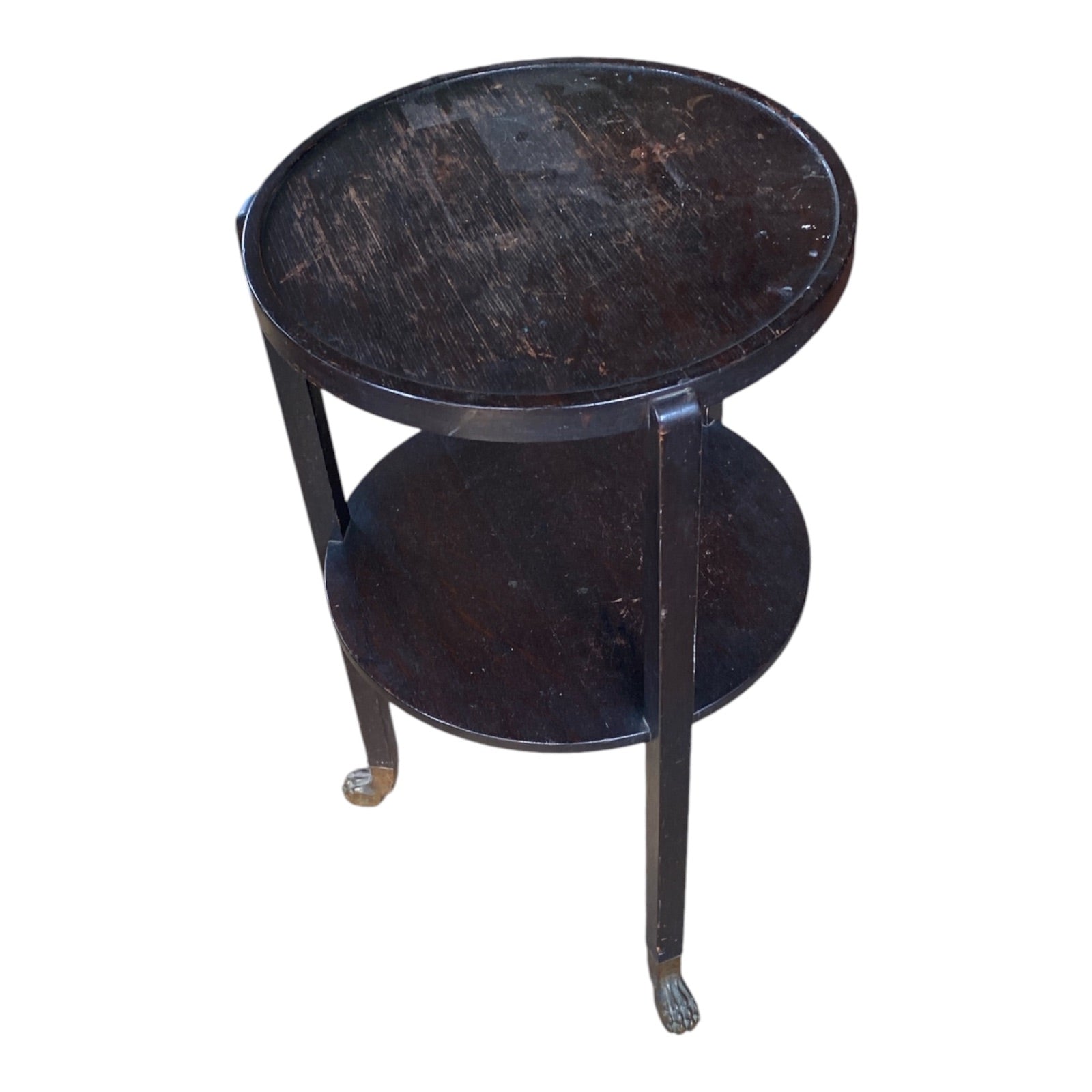 Antique Oak Two-Tier Round Side Table with Brass Claw Foot Casters