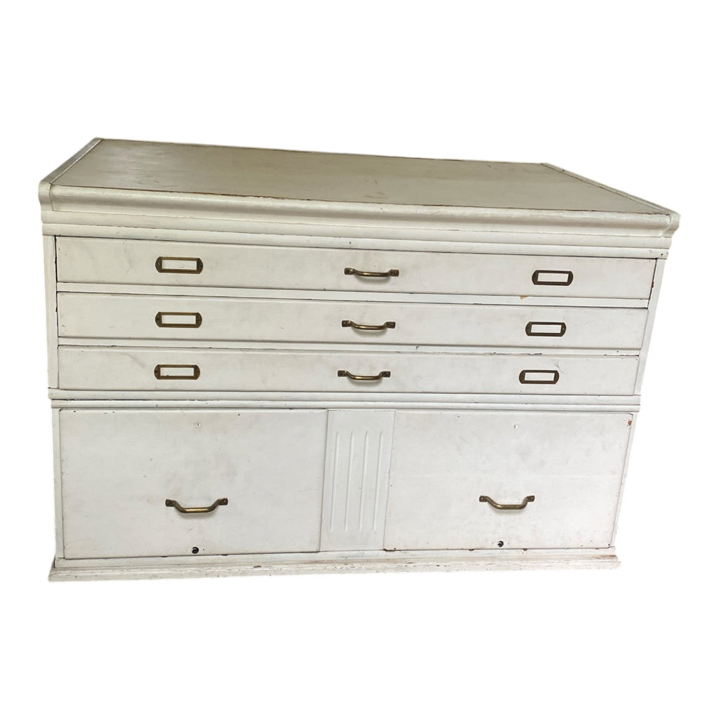 Vintage White Flat File Cabinet with Brass Hardware, Modular Two-Piece Design